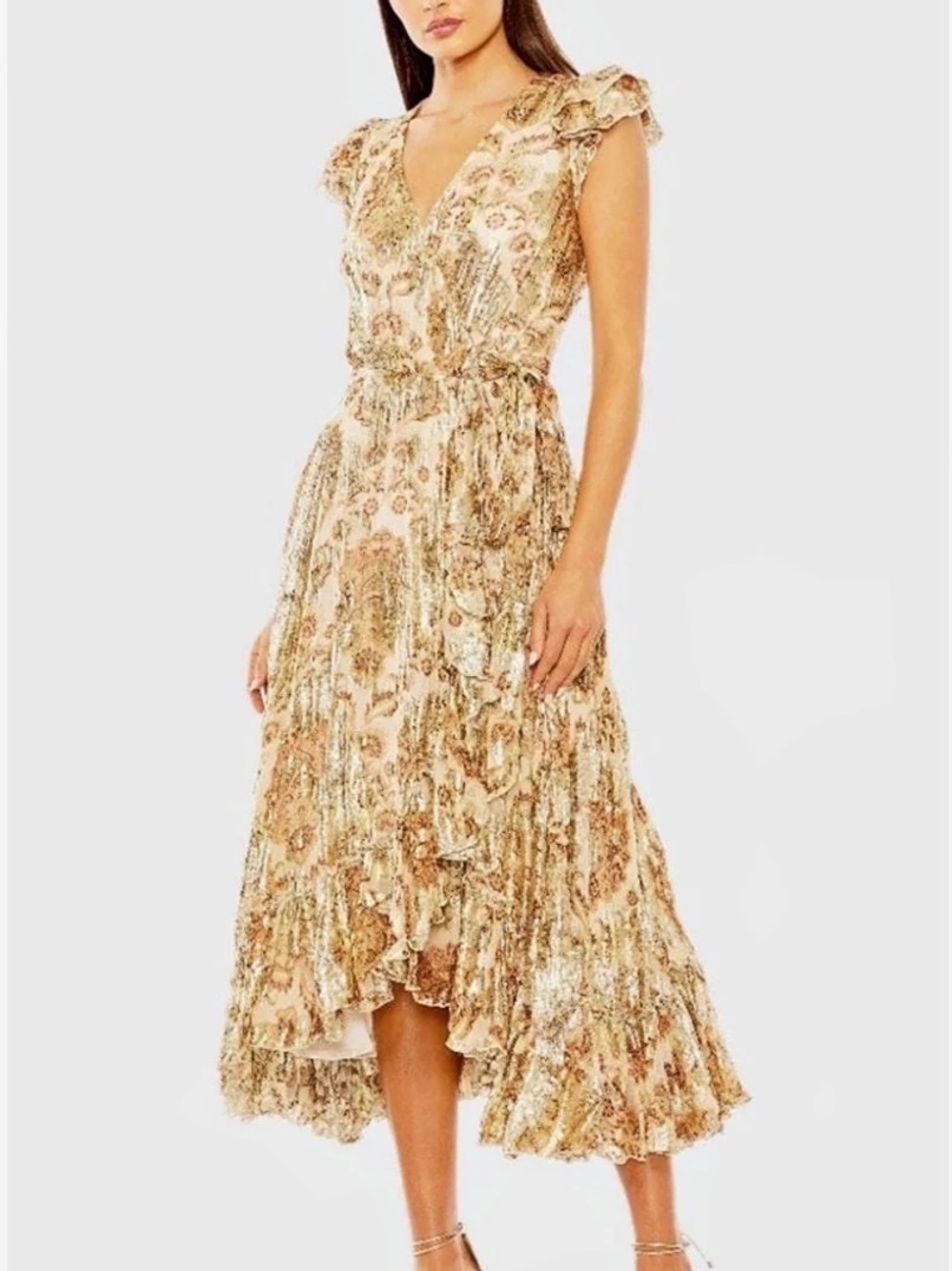 Mac Duggal Paisley Ruffle Maxi Dress in Cream & Copper Brown Size Small NWT